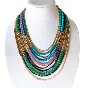 Stella & Dot 15 Strand Zahara Gold Green Blue Pink Bib Necklace Sodalite Stones